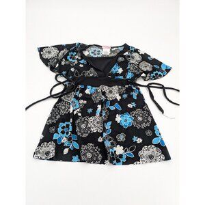 Fleurish Ladies Shirt Size M Ties In Back, Black, White & Turquoise Flower Print